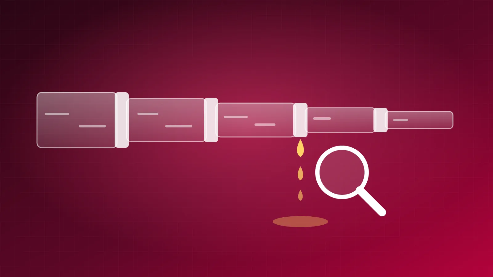 A pipe with water flowing through stages, with one joint leaking