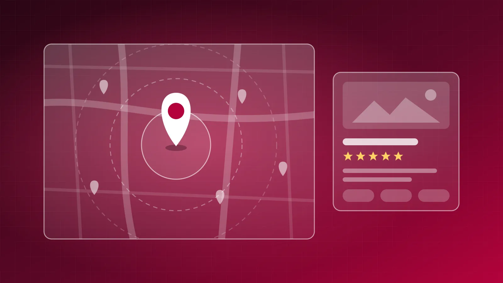 A map pin over a local map with circles showing nearby businesses and star ratings