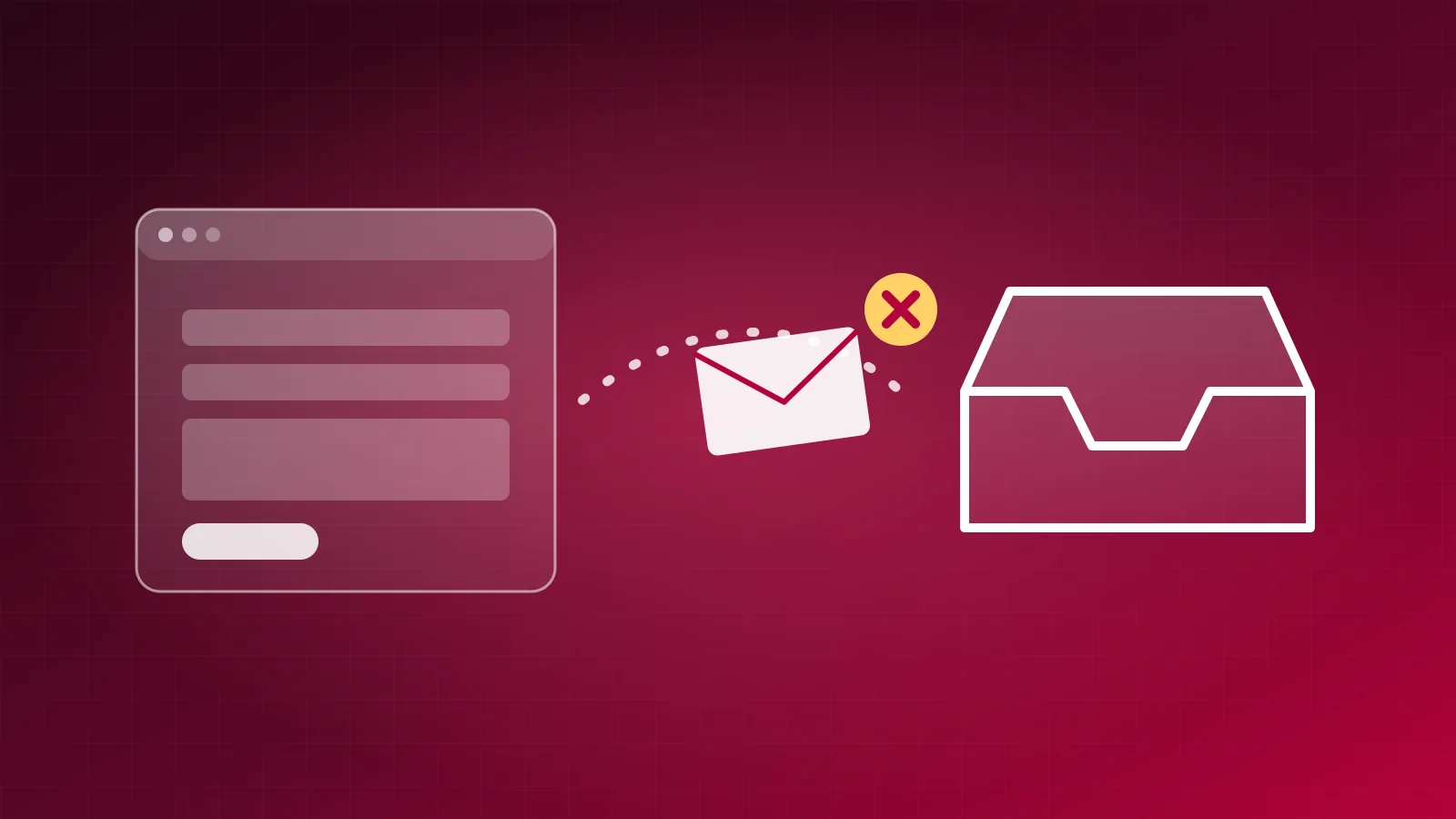 An envelope stuck between a website window and an inbox, with a broken path between them